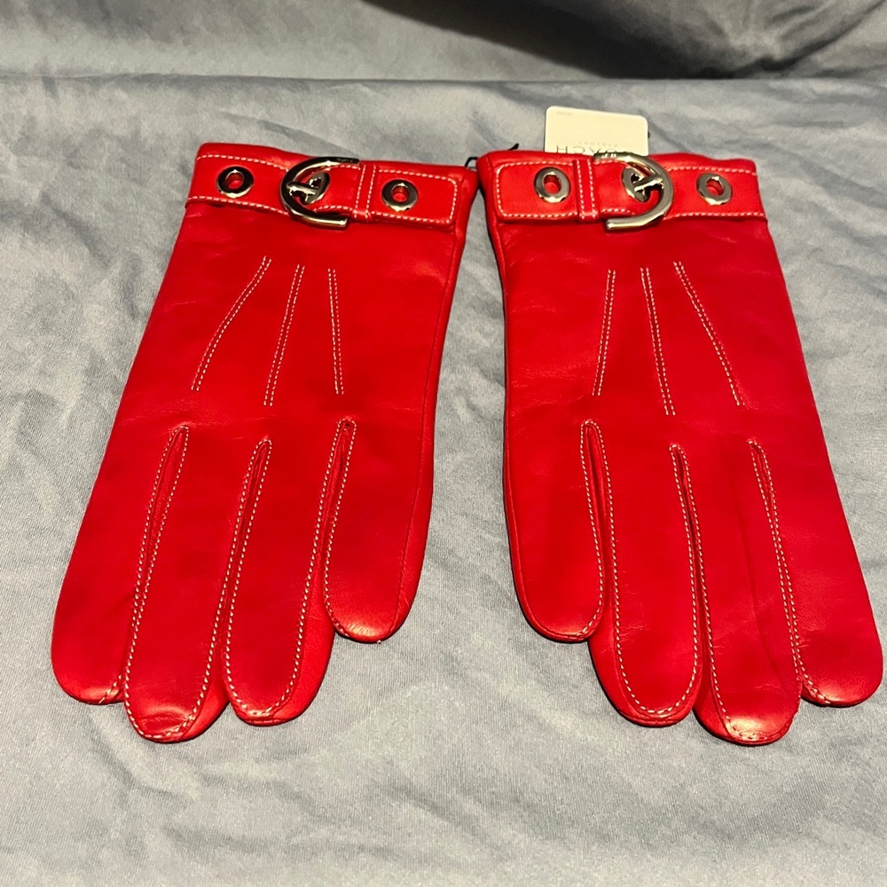 Coach Women's Red Leather Gloves with Buckle - Picture 3 of 7